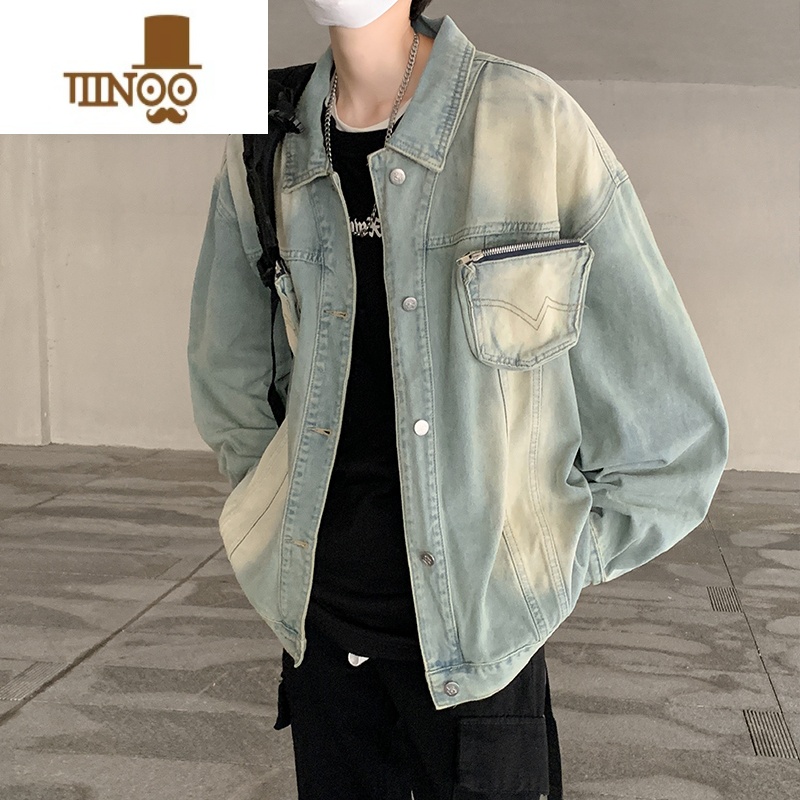 YANXU美式牛仔外套男水洗日系复古休闲潮牌高街痞风立体袋夹克