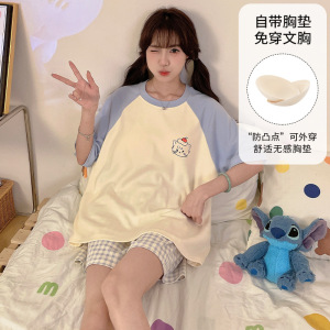 夏季韩版仿棉带胸垫睡衣女士甜美可爱卡通休闲家居服套装
