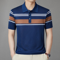 2025夏装短袖T恤中年男士翻领透气打底polo衫条纹商务衣