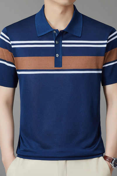 2025夏装短袖T恤中年男士翻领透气打底polo衫条纹商务衣