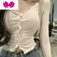 七斓长袖t恤女2023春季新款性感纯欲修身弹力短款上衣韩版显瘦打底衫