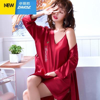 2019新款睡衣女季薄款吊带两件套性感春秋大码长袖枣红卓思哲睡裙