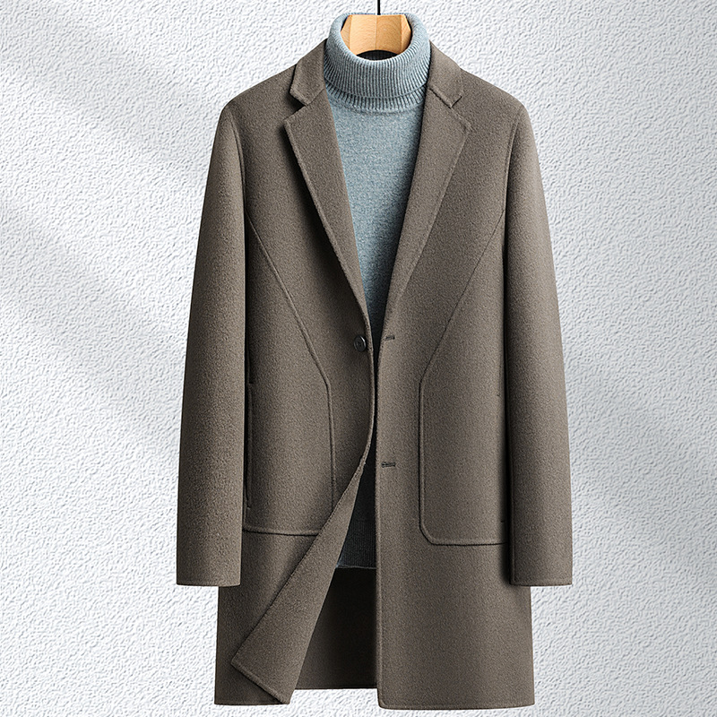 男式大衣秋冬100%羊毛中长款青年商务双面呢风衣简约休闲外套