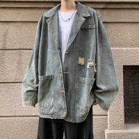 破洞西装牛仔夹克外套男春秋季新款潮牌宽松上衣美式痞帅西装夹克