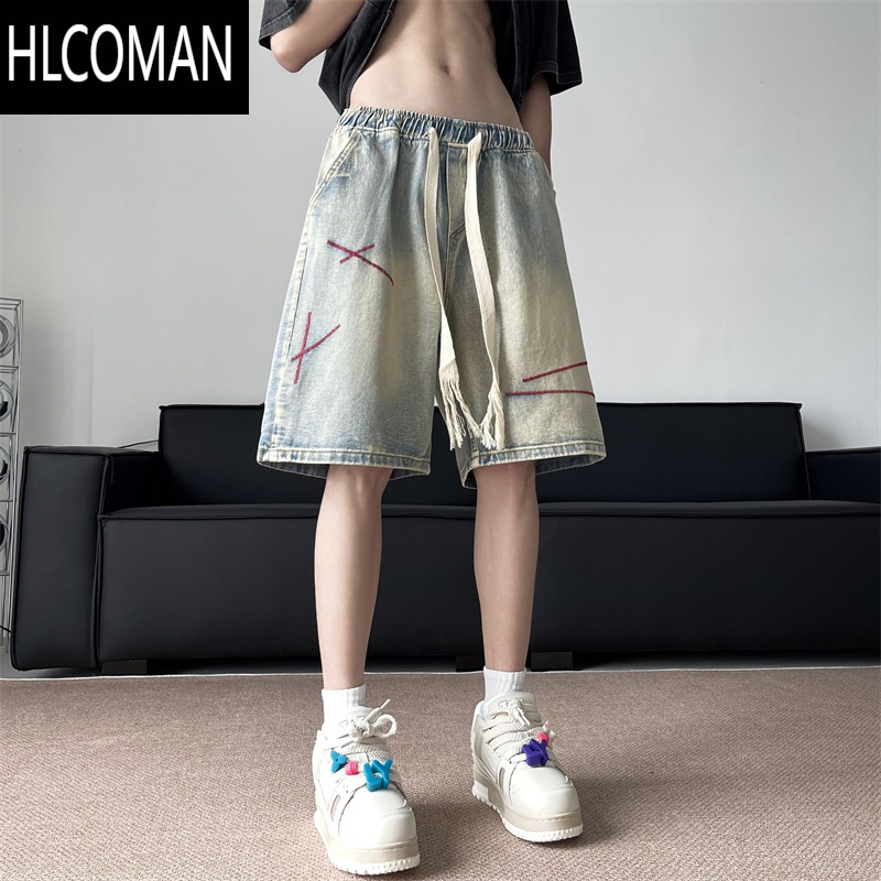 HLCOMAN松紧腰牛仔短裤男夏季美式ins潮牌做旧宽松休闲水洗刺绣五分中裤