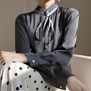 春秋夏缎面雪纺宽松衬衫女设计感小众轻熟长袖纯色立领上衣