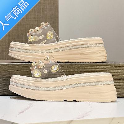 SUNTEK坡跟凉鞋女外穿2023年夏季新款松糕厚底一字拖露趾水钻高跟女拖鞋