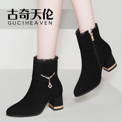 古奇天伦短筒女靴子秋冬新款粗跟高跟鞋百搭黑色马丁靴秋冬短靴QL9099