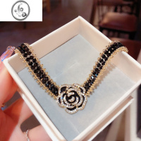 JiMi韩国网红气质水钻黑玫瑰项链吊坠2022年新款潮短锁骨链水晶颈链女