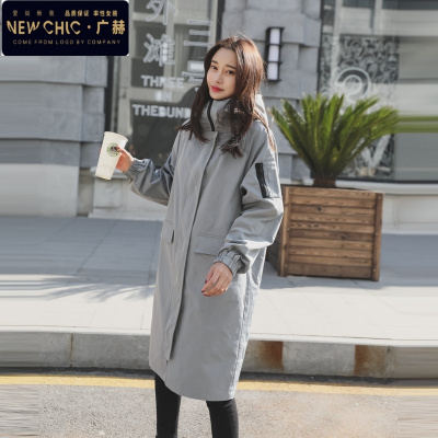广赫春秋外套胖MM休闲连帽过膝工装大码韩版bf学生百搭中长款风衣女潮风衣