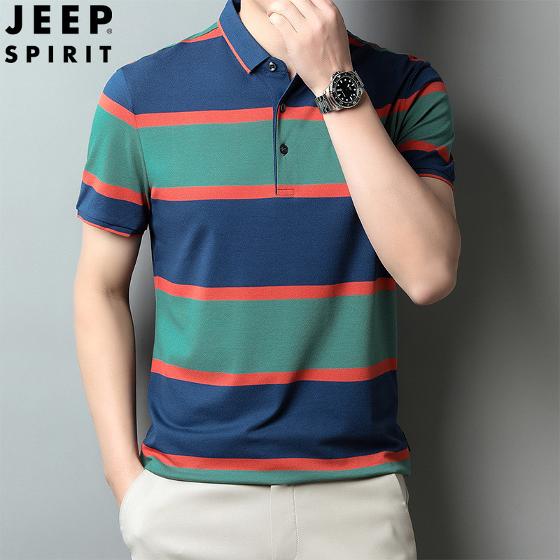 JEEP SPIRIT 男士夏季休闲时尚潮流条纹翻领POLO衫短袖T恤