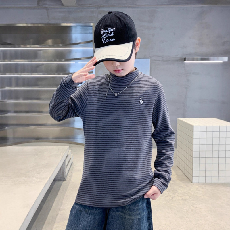 男童德绒打底衫冬季新款加厚男孩半高领内搭儿童条纹长袖T恤