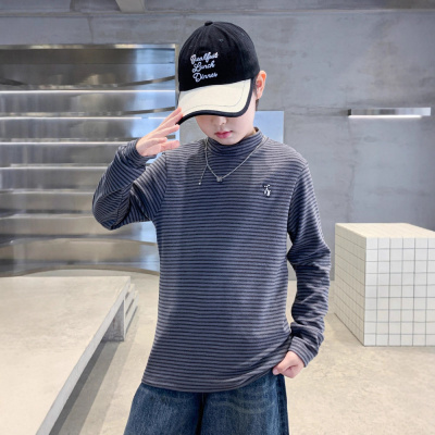 男童德绒打底衫冬季新款加厚男孩半高领内搭儿童条纹长袖T恤