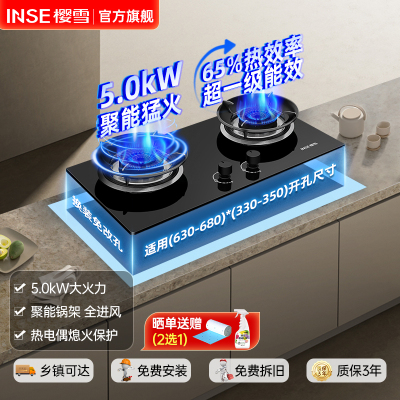 樱雪/INSE燃气灶JZY-Q2520(B)W煤气灶液化气灶聚能猛火双灶台式家用厨房嵌入钢化玻璃液化气
