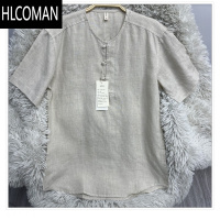 HLCOMAN凡写夏季新款纯色亚麻圆领简约宽松舒适短袖上衣 男女同款