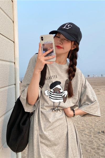 6535棉夏季新款韩版宽松字母印花学生开叉短袖中长款连衣裙女INS