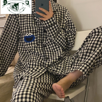 HLCOMAN情侣睡衣女夏棉短袖短裤格子卡通甜饼怪男女家居服两件套麻棉