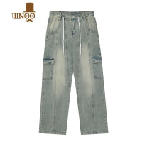 YANXUMADSHED复古黄泥染抽绳工装牛仔裤男女松紧腰宽松休闲直筒裤子ins