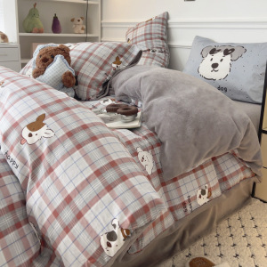 AB面纯棉豆豆绒床上四件套全棉加绒被套加厚珊瑚牛奶绒床单三件套