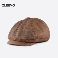 / 水洗做旧PU皮报童帽女士文艺复古画家帽男英伦八角帽