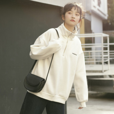 暖青汇半高领白色卫衣女宽松韩版bf上衣2020新款秋季学院风套头外套百搭卫衣