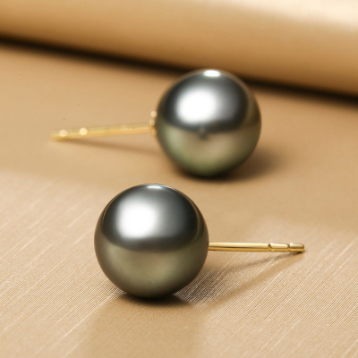 佰色传情BRIR正圆8-9mm海水大溪地黑珍珠耳钉18K金正品女黑色