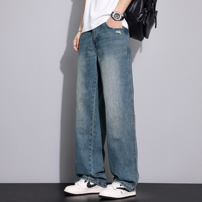 男士浅蓝阔腿牛仔裤 春秋猫须破洞做旧 2026 新款美式拖地长裤子