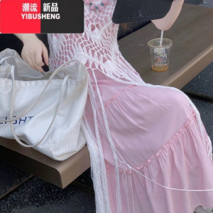 YIBUSHENG法式温柔粉色蛋糕连衣裙女季波西米亚度假风叠穿流苏罩衫吊带裙