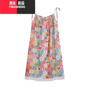 YIBUSHENG甜美减龄印花吊带连衣裙女季蕾丝花边拼接宽松中长裙子 花色吊带裙 均码
