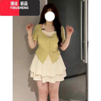 YIBUSHENG大码纯欲风假两件绿色短袖t恤女2024季胖mm收腰别致甜辣小上衣
