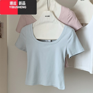 YIBUSHENG纯欲甜辣妹正肩短袖t恤女季2024新款圆领修身短款chic白色上衣