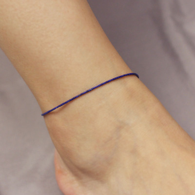 天然原创民族风简约纯银百搭气质单圈平安符极细桶珠青金石脚链送女朋友老婆情人节七夕生日礼物