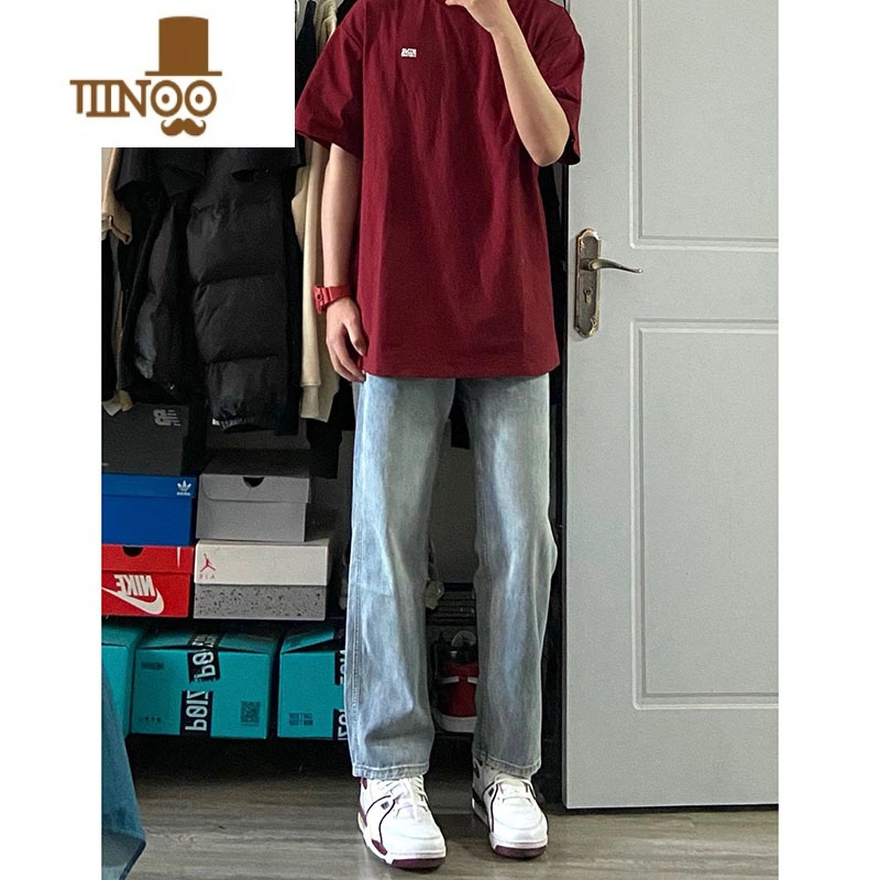 YANXU美式高街基础款浅蓝色直筒牛仔裤男秋季潮牌宽松百搭休闲阔腿长裤