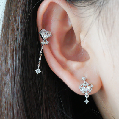 韩国进口精致镶嵌小行星爱心形流苏钥匙耳骨钉单只送女朋友老婆情人节七夕生日礼物