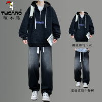 啄木鸟新款春秋连帽卫衣男时髦外套青少年初高中学生潮流帅气套装