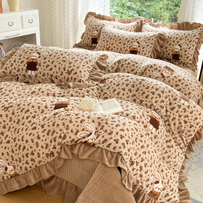 新款秋冬牛奶绒床盖四件套韩版花边双面绒被套夹棉加厚床单4