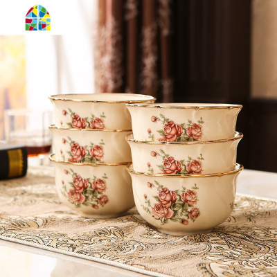 欧式陶瓷碗米饭碗盘金镶边餐具吃饭碗碗筷碗碟套装家用组合 FENGHOU 玫瑰8英寸汤碗(1个装)