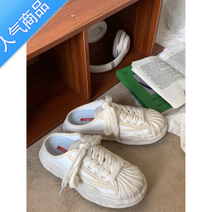 SUNTEK贝壳头鞋女半拖小白鞋2023新款夏季透气帆布女鞋厚底增高拖鞋