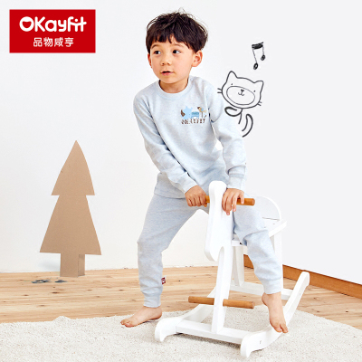Okayfit秋冬儿童保暖内衣纯棉打底内衣男孩女孩宝宝花纱肩开套装