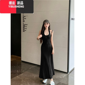 YIBUSHENG性感露背挂脖连衣裙女装季海边度假裙收腰气质黑色裙子a字长裙