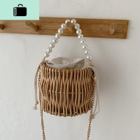 夏天小包包女2020流行新款潮韩版网红珍珠手提时尚藤编水桶斜挎包NEW LAKE 卡其女士单肩包
