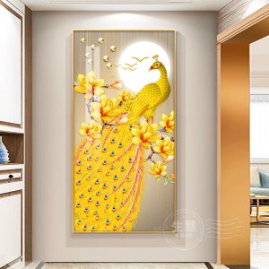 维诺亚玄关画进宝入户进门过道走廊壁画背景墙金色孔雀晶瓷挂画