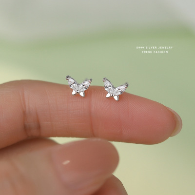 s999纯银蝴蝶耳钉女森系小清新轻奢锆石耳骨钉时尚百搭足银耳饰送女朋友老婆情人节七夕生日礼物