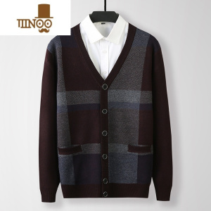 YANXU2023新款老年V领针织开衫男士中年爸爸装老人加厚款毛衣外套