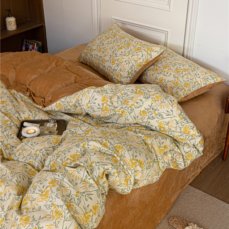 秋冬保暖棉绒四件套A面水晶绒B面全棉被套学生宿舍三件套床上用品