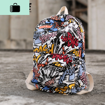 双肩包潮流时尚帆布男士初中高中学生书包休闲个性印花背包旅行包NEW LAKE BOOM!