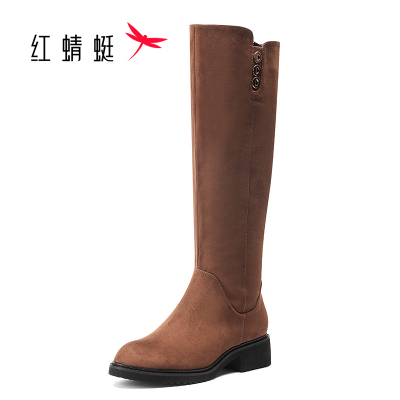 红蜻蜓长筒靴子女秋冬款长筒靴瘦腿显瘦圆头低跟磨砂皮高筒靴侧拉链马丁靴韩版百搭女士骑士靴
