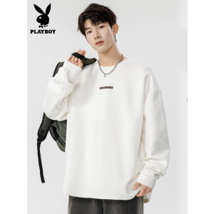 花花公子白色长袖t恤男士宽松服装春秋新款德国天鹅绒底裤男士秋季t恤
