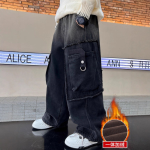 儿童裤子男童工装一体绒牛仔裤冬装新款男孩中大童加绒休闲裤