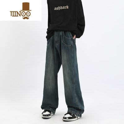 YANXU黑衣ASHDARK 复古古着风2023街头宽松直筒长裤做旧水洗牛仔裤子男